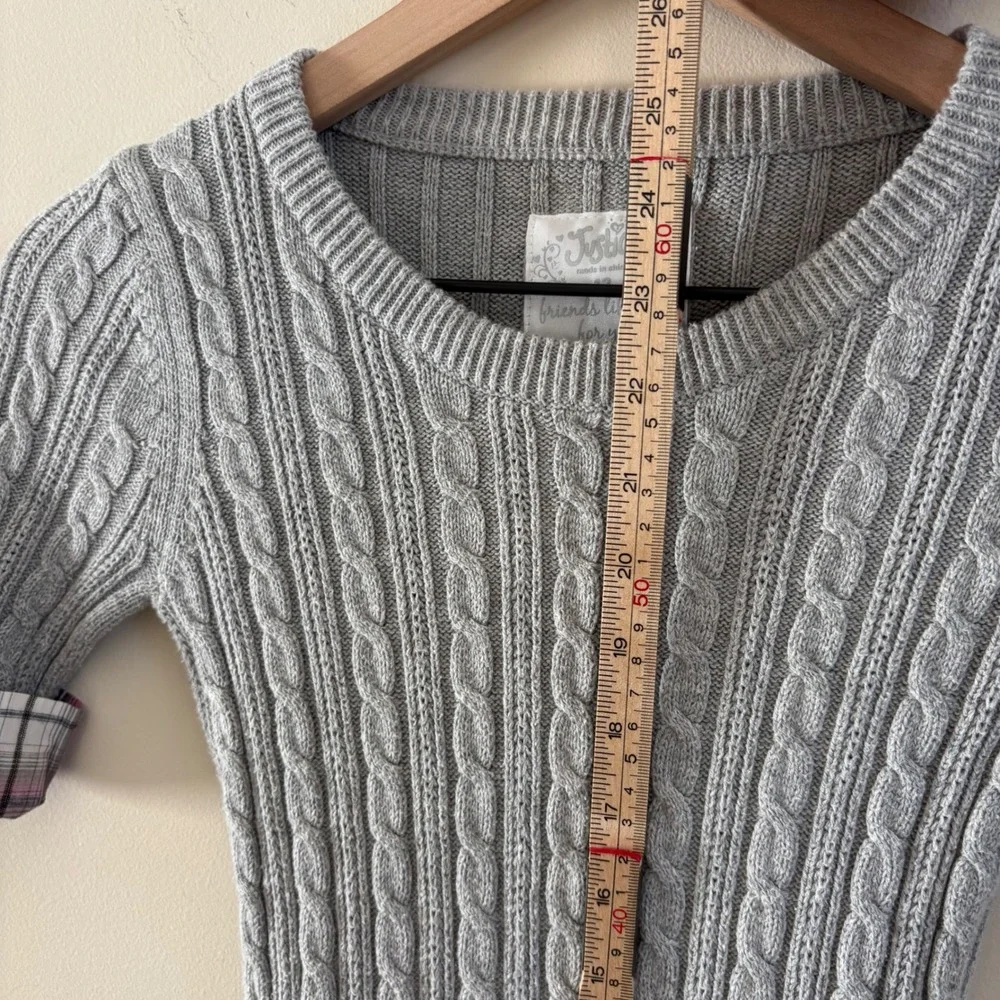 Justice Girls Gray Cable Knit Sweater Plaid Trim Short Sleeve Top Size 12 XS